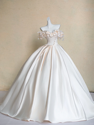 Elegant Ball Gown Off the Shoulder Floral Ivory Satin Prom Dress Wedding Dresses HZ1023